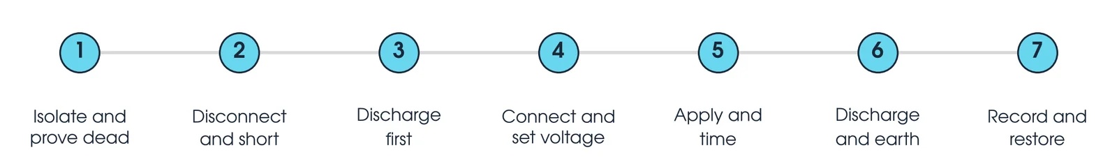 Seven steps of an insulation resistance test: isolate and prove dead, disconnect and short, discharge first, connect and set voltage, apply and time, discharge and earth, record and restore