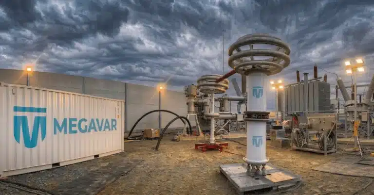 Megavar resonant high voltage test system and branded test container set up beside a power transformer in a substation at dusk
